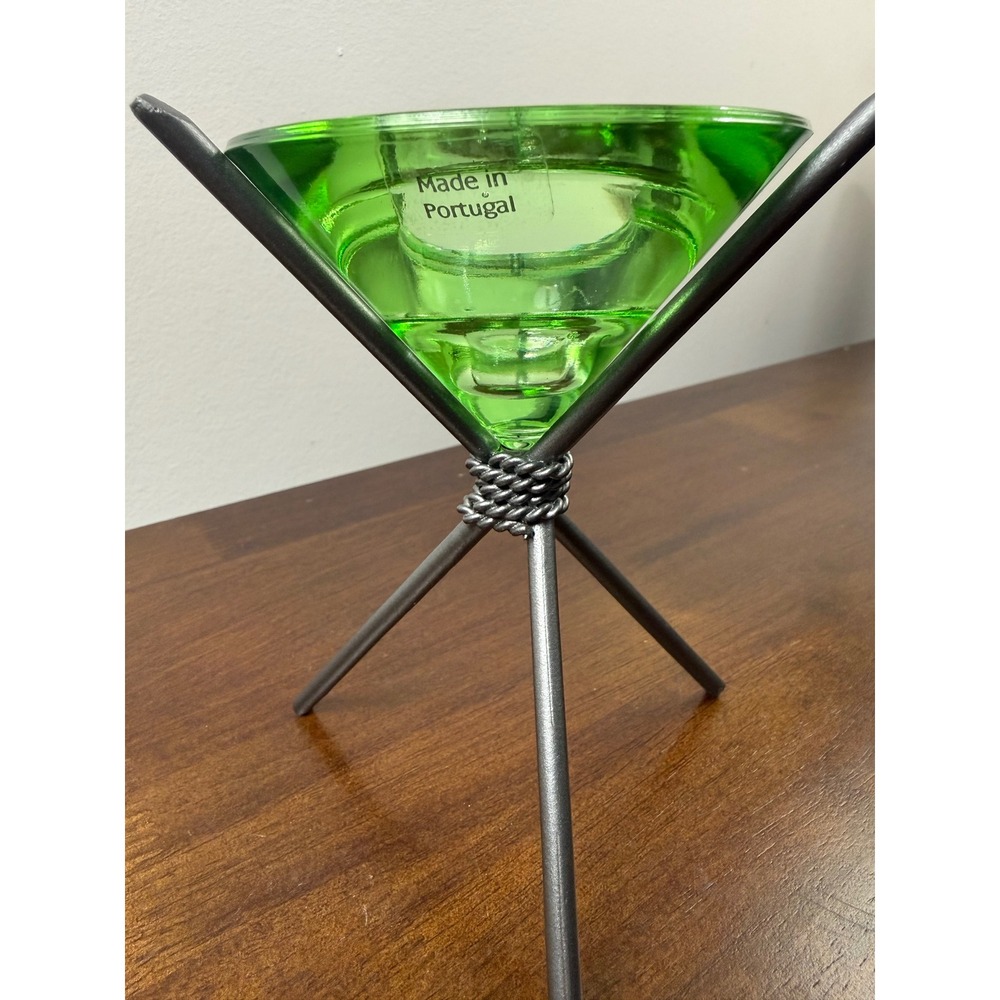 Modern Portugal Green Glass Votive Candle Holder Wrought Iron Tripod Stand - Picture 3 of 4